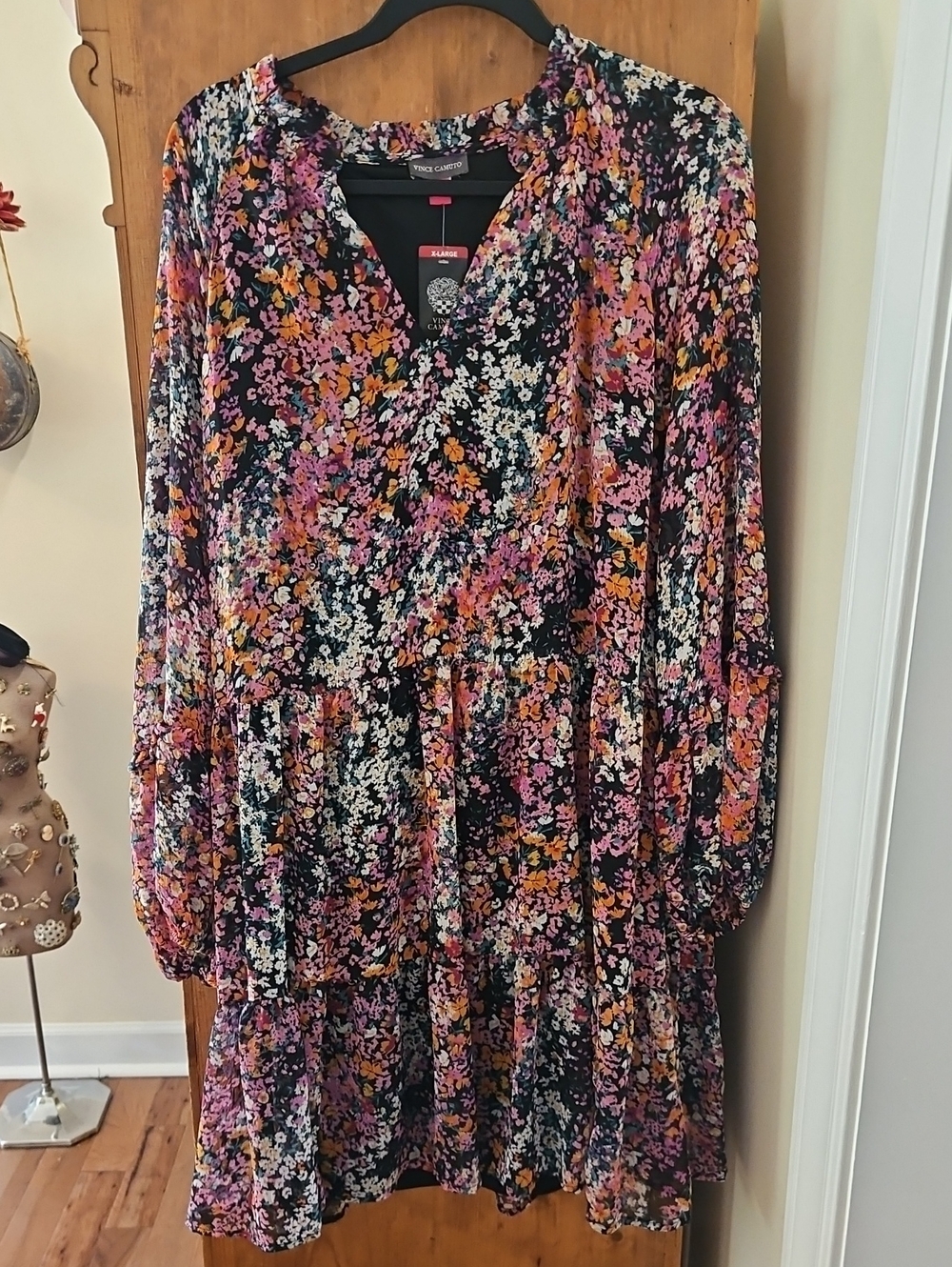 Vince Camuto Floral Tiered Long-Sleeve Mini Dress Black & Pink XL NWT